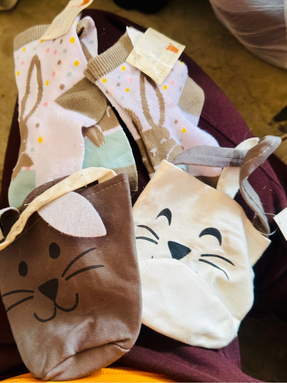 Kids Bunny Socks and Bunny Pouch Set - Pink, Brown, Cream